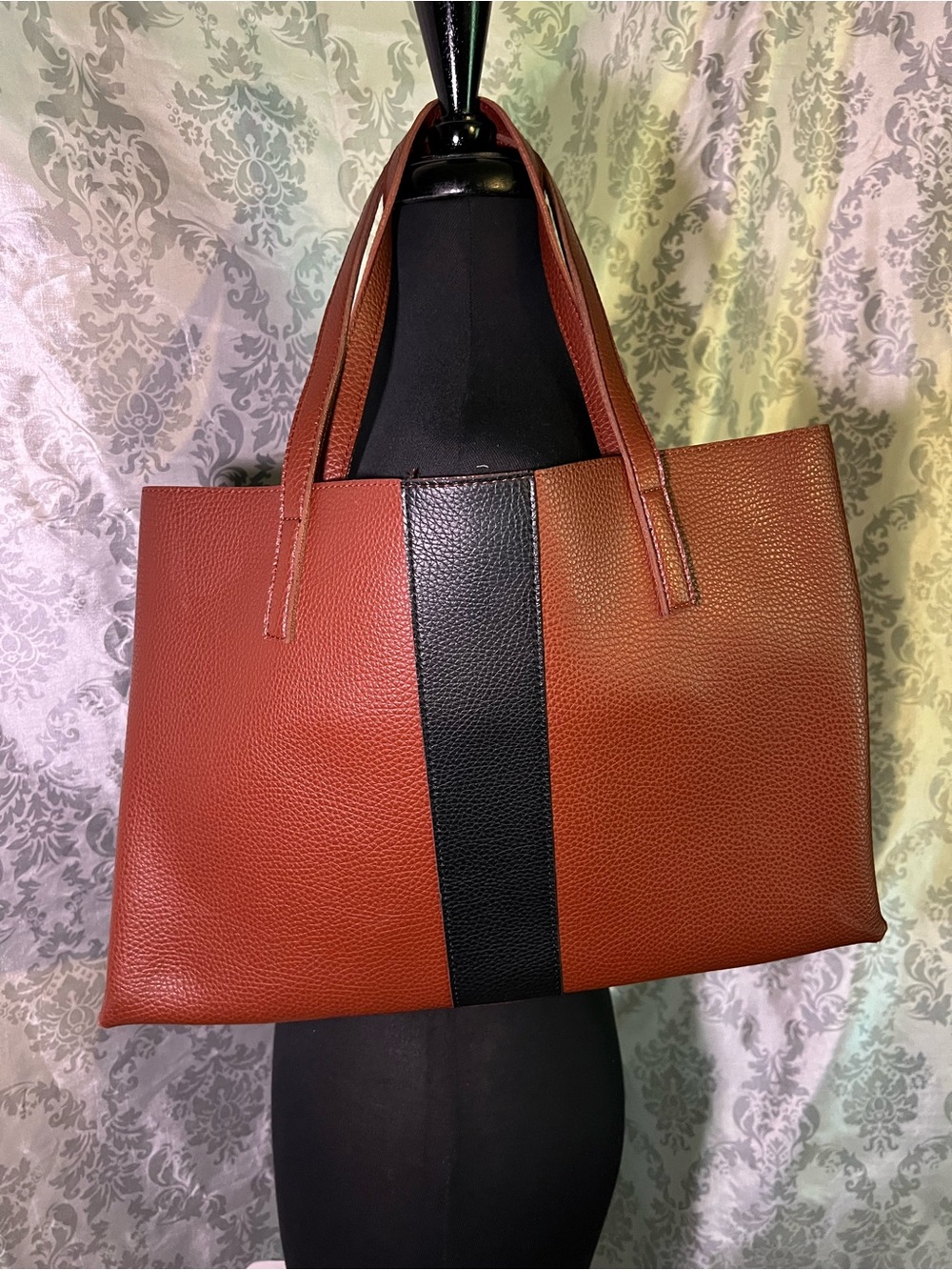 Vince Camuto Two-Tone Brown Tote with Black Center Stripe